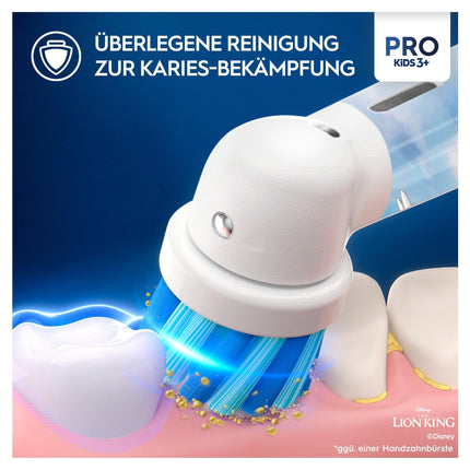 Oral-B Pro Kids Lion King elektriskā zobu birste bērniem no 3 gadu vecuma, ieskaitot Sensitive+ režīmu zobu kopšanai, īpaši mīksti sariņi, 1 birstes galviņa, 1 ceļojumu maciņš, balta/sarkana