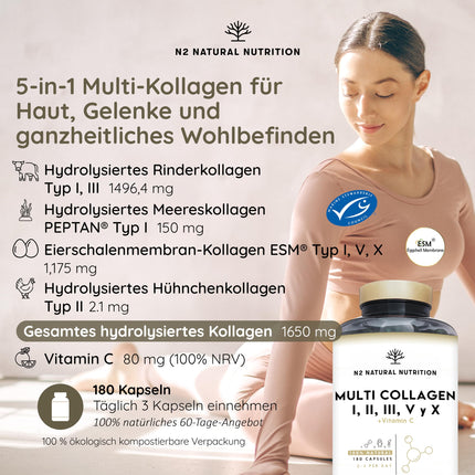 Multi kolagēna kapsulas. Augsta deva – 1650 mg. Bagātinātas ar C vitamīnu. Hidrolizēti I, II, III, V, X tipa kolagēna peptīdi. 180 kapsulas. Ādai, matiem, kauliem un locītavām. N2 dabīgais uzturs