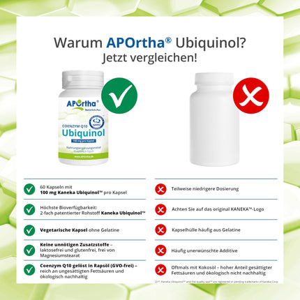 APOrtha Kaneka ubikvinola koenzīms Q10 100 mg 60 veģetārās kapsulas, CoQ10 kapsulas ar augstu devu 100 mg, augsta biopieejamība, pateicoties bioaktīvajam ubikvinolam, divkārši patentēta izejviela