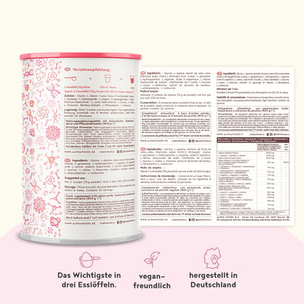 Vegānu kolagēna pulveris + hialuronskābe [400 g] | Augu izcelsmes alternatīva kolagēna hidrolizātam | ar 13 aminoskābēm un C vitamīnu no Camu | Bezgaršīgs | Ražots Vācijā | Alfa pārtikas produkti