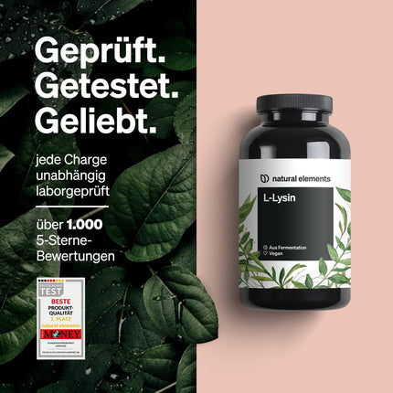 L-lizīns – 365 kapsulas – 800 mg tīra L-lizīna no 1000 mg L-lizīna HCl/dienā – No augu fermentācijas – Bez ĢMO – Vegāns, optimāli dozēts, bez nevajadzīgām piedevām