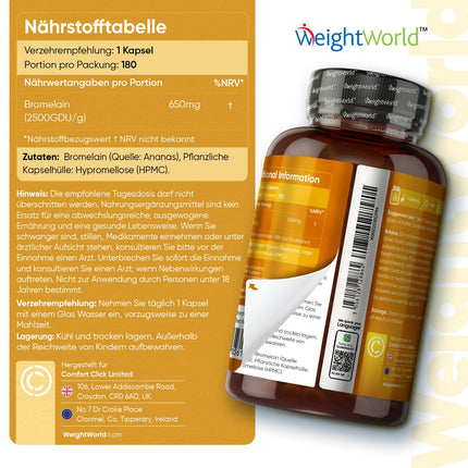 Bromelaīna kapsulas - 650 mg dienas deva - 180 vegānu kapsulas - 6 mēnešu krājumi - No ananāsiem iegūts enzīms - 2500 g/g - Bez magnija stearāta un ĢMO - Ananāsu enzīms no WeightWorld