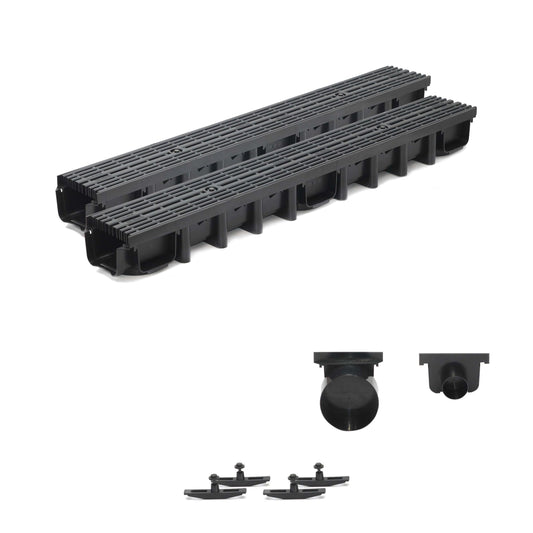 2 m drenāžas kanāls modulārajai sistēmai A15 98 mm, komplektā ar plastmasas rievoto režģi, Black Line