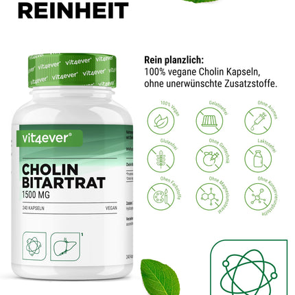 Tīra holīna kapsulas - 240 kapsulas ar 750 mg holīna bitartrāta - 4 mēnešu krājumi - aknas, homocisteīns un lipīdu metabolisms - aktīvs holīns - dabīgs - augsta deva - vegāns