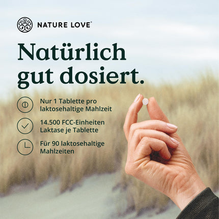 NATURE LOVE® laktāzes tabletes – 90 tabletes – augsta deva ar 14500 FCC – ar akācijas šķiedru bez sintētiskām piedevām, vegānas – laboratoriski pārbaudītas laktāzes tabletes, ražotas Vācijā