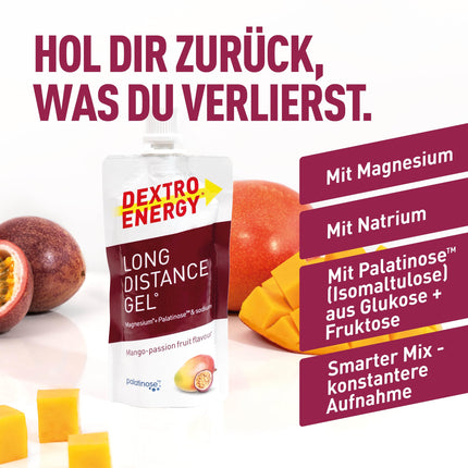 DEXTRO ENERGY LONG DISTANCE GEL MANGO-PASSION FRUIT + MAGNĒZIJS + NĀTRIJS - 12x50ml (12 iepakojums) - Enerģijas gels gariem treniņiem, ogļhidrātu koncentrāts ar pievienotiem elektrolītiem un Palatinose