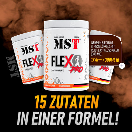 MST® Nutrition Flex Pro pulveris – kolagēns, MSM, glikozamīns, hondroitīns un hialuronskābe – augstas kvalitātes formula – ražots Vācijā (945 g, apelsīnu krāsā)