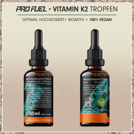 K2 vitamīna pilieni, augsta deva 1800x (50ml) - 200 µg K2 vitamīns MK7, K2VITAL® Premium vitamīns. K2 High Dose no Kappa ar 99,7+% transtaukskābju saturu - laboratorijā pārbaudīts ar sertifikātu, 100% vegāns