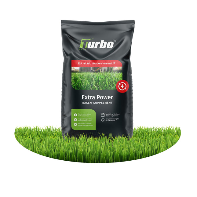 Extra-Power 10kg, zāliena mēslojums, slāpekļa mēslojums, ideāli piemērots pavasarī un vasarā, piemērots izkliedētājiem, granulas ar zemu putekļu saturu, zāliena mēslojums, Turbogreen