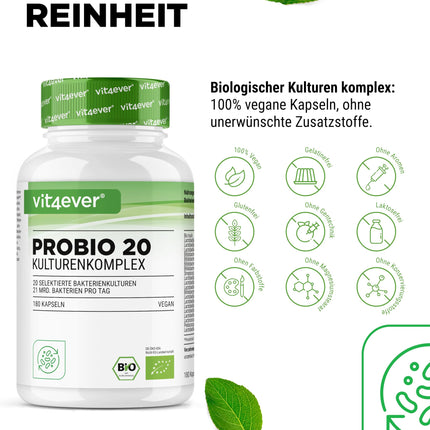 Probio 20 - Kultūru komplekss ar 20 baktēriju celmiem + organisko inulīnu - 180 kuņģa sulu izturīgas kapsulas Bright JC Caps® - 21 miljards pienskābes baktēriju vienā dienas devā - Augsta deva - Vegāns -