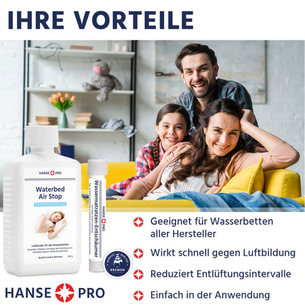 Hanse Pro Air Binder komplekts ūdensgultām, 2 x 250 ml Air Stop, 2 x 15 ml ūdensgultas putu slāpētājs | Aprūpe | Gaisa saistviela | Gaisa šķīdinātājs | Novērš gaisa troksni ūdensgultās | Burbuļu apturēšana