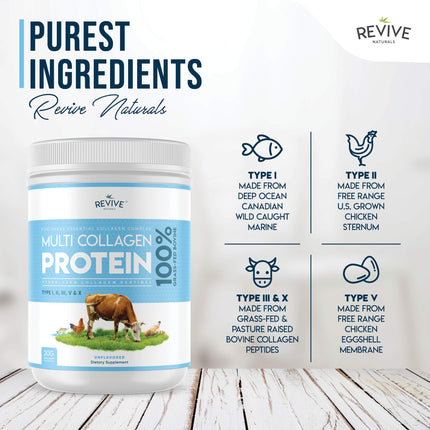 Revive Naturals multikolagēna proteīna pulveris - I, II, III, V un X tipi - hidrolizēta ar zāli barota liellopu gaļa, savvaļā noķertas zivis un brīvās turēšanas vistas gaļa, bez garšas, halāls - (400 g), pulveris