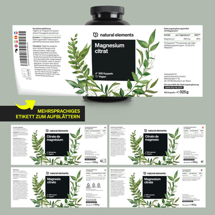 Premium magnija citrāts – 365 kapsulas – Augsta deva: 2320 mg (no kuriem 360 mg elementārā magnija) vienā dienas devā – Bez piedevām – vegāns, laboratorijā pārbaudīts un ražots Vācijā