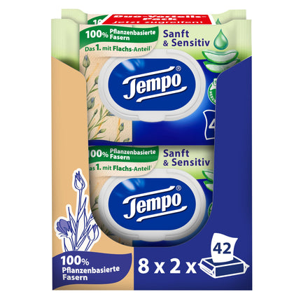 Tempo mitrās tualetes salvetes "Maigas un jutīgas" - ​​Megapack - 16 iepakojumi pa 42 salvetēm katrā - Duo iepakojumi - Dabīgā alveja - Tualetes papīrs, dermatoloģiski pārbaudīts, pH neitrāls ādai