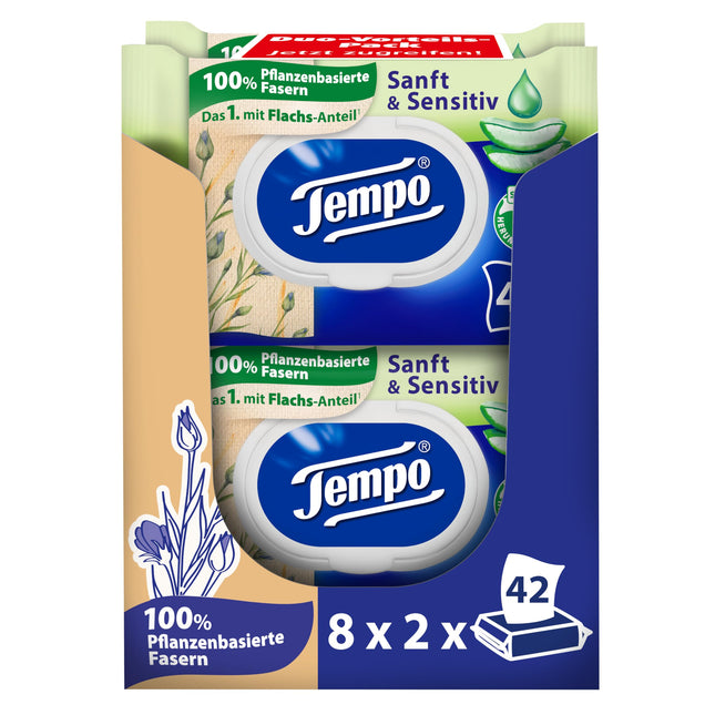 Tempo mitrās tualetes salvetes "Maigas un jutīgas" - ​​Megapack - 16 iepakojumi pa 42 salvetēm katrā - Duo iepakojumi - Dabīgā alveja - Tualetes papīrs, dermatoloģiski pārbaudīts, pH neitrāls ādai