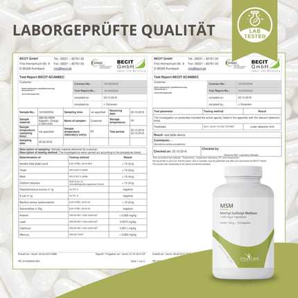 VitaCare MSM kapsulas, 120 kapsulas, katra satur 1000 mg MSM pulvera, novērš sēra deficītu, organisks un dabīgs sēra pulveris ar augstu biopieejamību