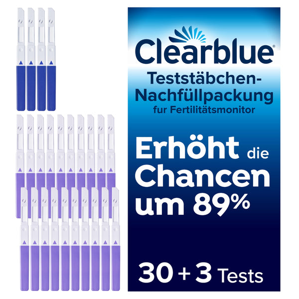 Clearblue 33 testu auglības monitors, cikla datora uzpildes iepakojums, 30 ovulācijas testi un 3 grūtniecības testi, auglības tests sievietēm ovulācijas noteikšanai