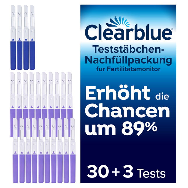 Clearblue 33 testu auglības monitors, cikla datora uzpildes iepakojums, 30 ovulācijas testi un 3 grūtniecības testi, auglības tests sievietēm ovulācijas noteikšanai