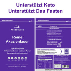 Tīrs akācijas šķiedras pulveris | 0 g ogļhidrātu nulle kaloriju | Atbalsta gavēni un ketogēno diētu | Prebiotiskais uztura bagātinātājs ar šķīstošajām šķiedrvielām | Bez piedevām | 500 g Ketosource paciņa