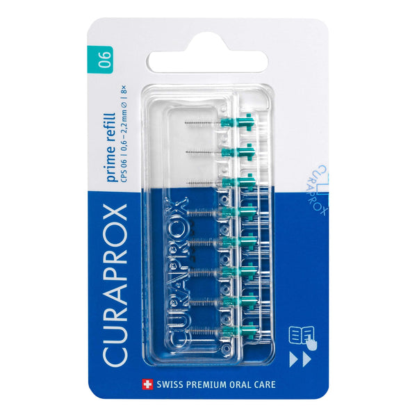 Curaprox starpzobu birstes CPS 06 prime, uzpilde, 8 gab., 0,6 mm diametrs, 2,2 mm efektivitāte, tirkīza krāsā, uzpildes iepakojums, bez turētāja