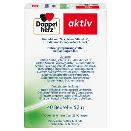 Doppelherz Abwehr aktiv DIRECT - cinks, selēns un C vitamīns imūnsistēmas atbalstam PLUS histidīns - 40 mikrogranulas ar apelsīnu garšu