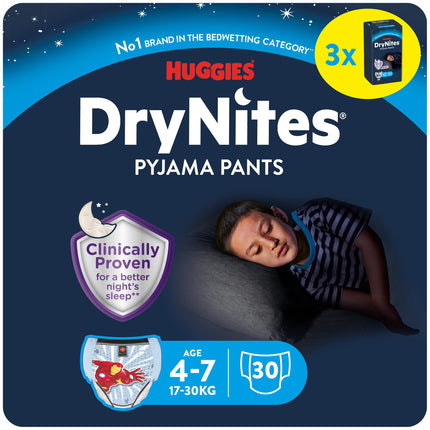 HUGGIES DryNites absorbējošās nakts autiņbiksītes gultas mitrināšanai, zēniem 4-7 gadi (17-30 kg), 3 x 10 gab. = 30 autiņbiksītes, autiņbiksītes, autiņbiksītes