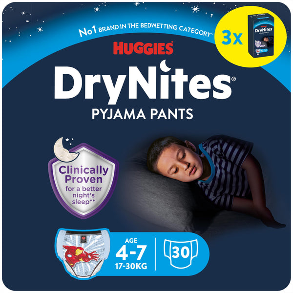 HUGGIES DryNites absorbējošās nakts autiņbiksītes gultas mitrināšanai, zēniem 4-7 gadi (17-30 kg), 3 x 10 gab. = 30 autiņbiksītes, autiņbiksītes, autiņbiksītes