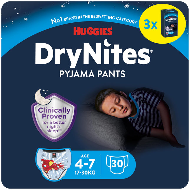 HUGGIES DryNites absorbējošās nakts autiņbiksītes gultas mitrināšanai, zēniem 4-7 gadi (17-30 kg), 3 x 10 gab. = 30 autiņbiksītes, autiņbiksītes, autiņbiksītes