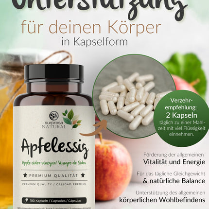 Surpresa dabīgā ābolu sidra etiķa kapsulas ar augstu devu | 1 x 180 kapsulas | 1000 mg ābolu sidra etiķa vienā dienas devā | Ābolu sidra etiķis - uztura bagātinātājs, vegāns un laboratorijā pārbaudīts | Ābolu sidra etiķis