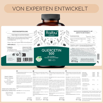 Kvercetīns augstā devā - 180 kapsulas - 500 mg kvercetīna vienā kapsulā - 6 mēnešu krājumi - Augstas kvalitātes izejviela: Japānas pagodas koks - Bez piedevām un vegāns - Raibu