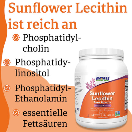Now Foods, saulespuķu lecitīns (saulespuķu lecitīns), tīrs vegāns pulveris, 454 g, laboratoriski pārbaudīts, bez glutēna, bez sojas, veģetārs