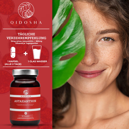 QIDOSHA® astaksantīns 12 mg no ES izejvielām un olīveļļas, 90 gab./burciņā, 12 mg lielas astaksantīna devas vienā kapsulā, šķidrs astaksantīns ar lielu devu no Portugāles aļģu audzēšanas