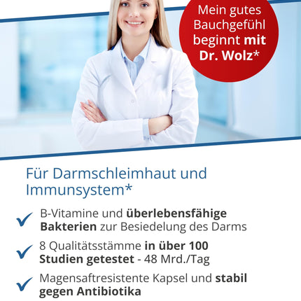 Dr. Wolz Darmflora plus select* - 80 augstas devas kapsulas - 8 pienskābes baktēriju celmi - 48 miljardi baktēriju kultūru dienā - Kultūru komplekss zarnu gļotādai un imūnsistēmai - Zarnu dziedināšana* - vegāns