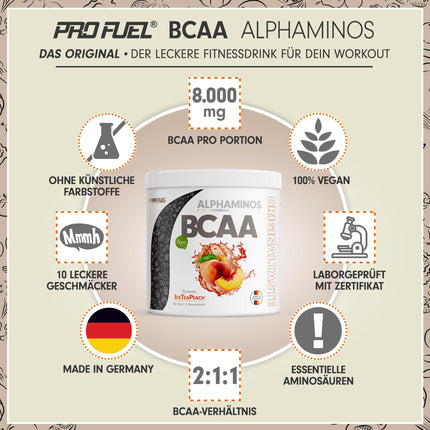 BCAA pulveris 300g LEDUS TĒJA AR PERSIKU MĒRCI - Alphaminos BCAA 2:1:1 dzēriens ar 8000 mg BCAA - neticami garda garša, neaizvietojamās aminoskābes (EAA) leicīns, izoleicīns un valīns - 100% vegāns un laboratorijā pārbaudīts