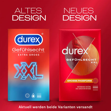 Durex Feeling Real XXL prezervatīvi – plāni prezervatīvi ar lielu piegriezumu, samitrināti ar silikona lubrikantu – 8 gab. iepakojumā (1 x 8 gab.)