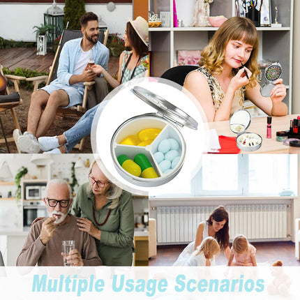 4 tablešu kastītes ar spoguli, ceļojumu tablešu dozators, 3 nodalījumu zāļu kastīte, apaļa metāla tablešu kastīte, somiņai, uzglabāšanai (raksts - 3 nodalījumi - klipsis)