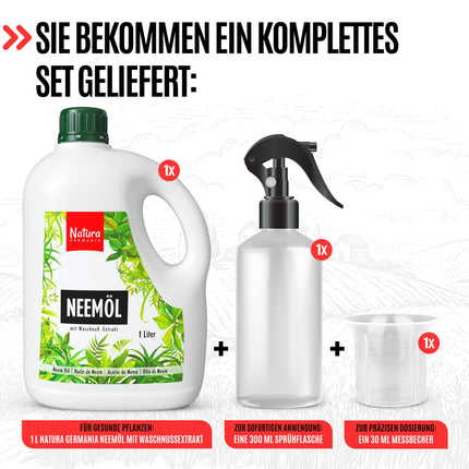 Natura Germania® Nīma eļļa 1000 ml ar ziepju riekstu ekstraktu ar smidzināšanas pudeli un mērtrauku - Pagatavo 100 litrus gatava šķīduma - Nīma aerosols dabiskai augu kopšanai istabas augiem/dārza augiem