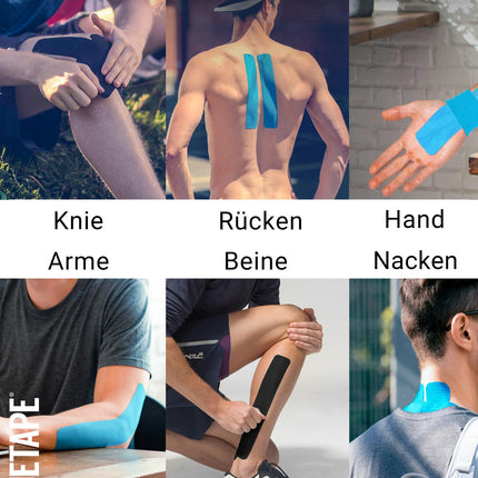 TRUETAPE® Kinesiotape – BASIC iepriekš sagriezta – 2 x 20 strēmeles (25 cm x 5 cm) – Iepriekš sagrieztas kinezioloģiskas lentes – Ūdensizturīga un elastīga fizioteipa ikdienas lietošanai un sportam – Zila un melna