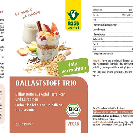 Raab Vitalfood organisko šķiedrvielu trio (210 g) | ar ābolu šķiedrvielām, auzu graudiem un bioloģiskām linsēklām | augsts šķiedrvielu saturs | smalki samalts | ideāli piemērots putrai un muslim