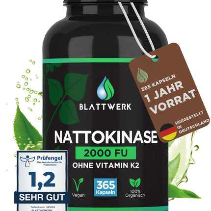 Nattokināze 2000 FU — GADA PIEGĀDE — 365 nattokināzes kapsulas, katra pa 100 mg (20 000 FU/g) — Ražots Vācijā — Augstas devas nattokināze — Natto no sojas — 100% vegāns — Laboratorijā pārbaudīts — BLATTWERK