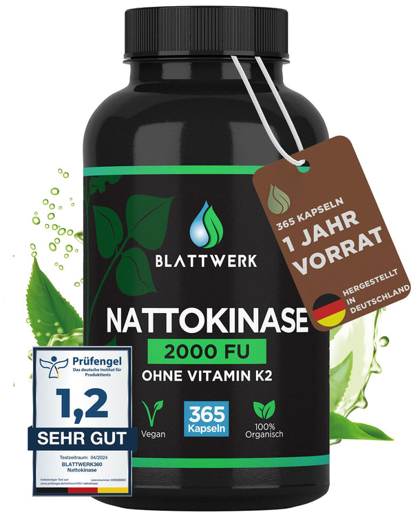 Nattokināze 2000 FU — GADA PIEGĀDE — 365 nattokināzes kapsulas, katra pa 100 mg (20 000 FU/g) — Ražots Vācijā — Augstas devas nattokināze — Natto no sojas — 100% vegāns — Laboratorijā pārbaudīts — BLATTWERK