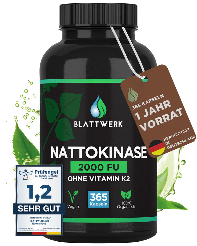 Nattokināze 2000 FU — GADA PIEGĀDE — 365 nattokināzes kapsulas, katra pa 100 mg (20 000 FU/g) — Ražots Vācijā — Augstas devas nattokināze — Natto no sojas — 100% vegāns — Laboratorijā pārbaudīts — BLATTWERK