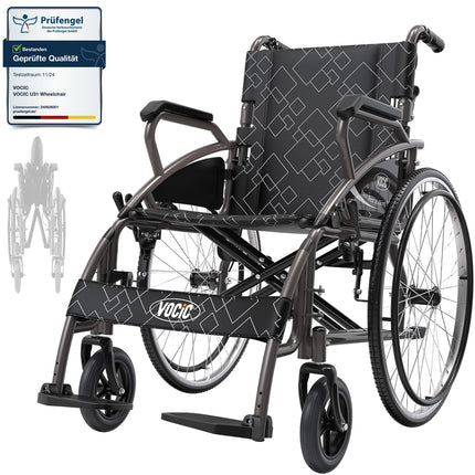 VOCIC U31 salokāms ratiņkrēsls ar vieglo svaru līdz 150 kg, dubultās bremzes, salokāms transportēšanas ratiņkrēsls (17,5 kg) ar pašgājēju piedziņu senioriem, 60 cm caurdurams aizmugurējais ritenis visiem reljefiem, 5 gadu garantija | Pelēks