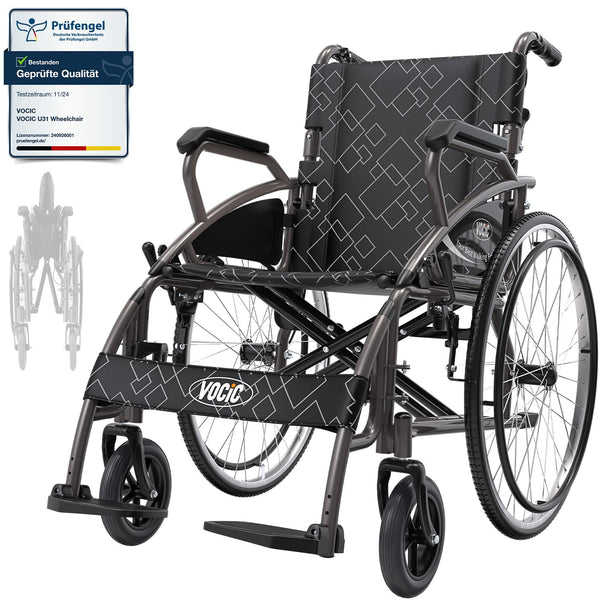 VOCIC U31 salokāms ratiņkrēsls ar vieglo svaru līdz 150 kg, dubultās bremzes, salokāms transportēšanas ratiņkrēsls (17,5 kg) ar pašgājēju piedziņu senioriem, 60 cm caurdurams aizmugurējais ritenis visiem reljefiem, 5 gadu garantija | Pelēks