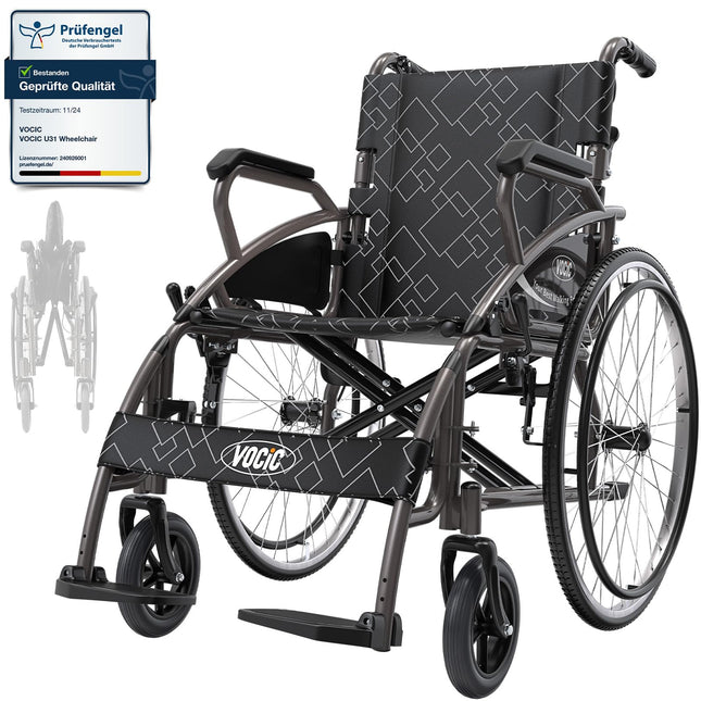 VOCIC U31 salokāms ratiņkrēsls ar vieglo svaru līdz 150 kg, dubultās bremzes, salokāms transportēšanas ratiņkrēsls (17,5 kg) ar pašgājēju piedziņu senioriem, 60 cm caurdurams aizmugurējais ritenis visiem reljefiem, 5 gadu garantija | Pelēks