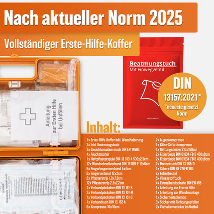 HELDENWERK Erste Hilfe Kasten nach neuer DIN 13157:2021 inkl. Wandhalterung & Aufklebern|Universal Erste Hilfe Koffer für Betrieb, Haushalt oder Gastronomie - Büro Verbandskasten gefüllt, Sanikasten