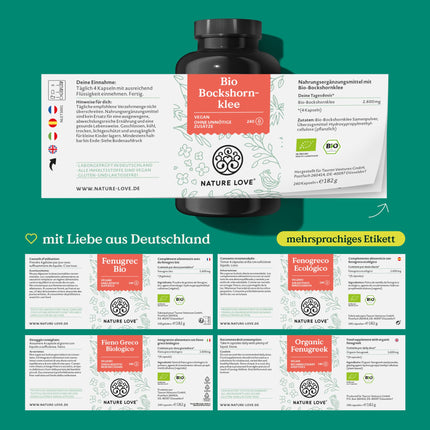 NATURE LOVE® Bioloģiskās grieķu sierāboliņa lapas - 240 vegānas kapsulas - Augsta deva ar 2600 mg dienā (650 mg vienā kapsulā) - Sertificēta bioloģiskā grieķu sierāboliņa lapa - bez nevēlamām piedevām, ražota Vācijā