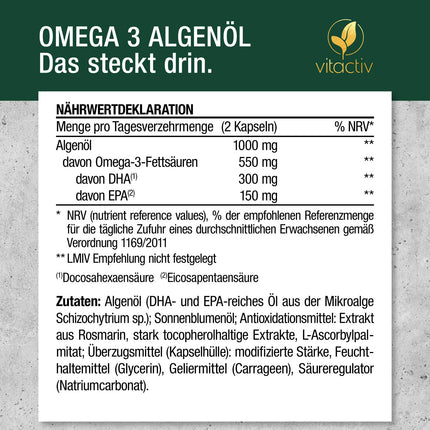 VITACTIV Omega 3 aļģu eļļas kapsulas - 60 kapsulas - jūras Omega 3 vegāns, augsta deva ar 1000 mg mikroaļģu eļļas vienā dienas devā - 450 mg Omega-3 taukskābes DHA un EPA (2:1) - sirdij, smadzenēm, acīm - laboratoriski pārbaudīts