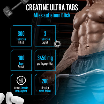 Kreatīna Ultra tabletes - 300 tabletes ar 1150 mg tīra kreatīna monohidrāta katrā - 100 lietošanas reizes - Premium: īpaši smalkas + sietveida faktors 200 - Augsta deva - Vegāns