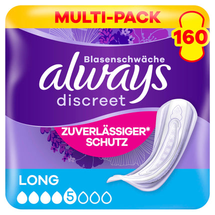Always Discreet urīna nesaturēšanas ieliktņi, garais mēneša iepakojums urīnpūšļa vājuma gadījumā, 160 ieliktņi (izdevīgais iepakojums 8 iepakojumi x 20)